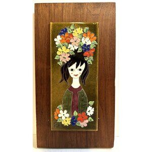 Edith Meyer Enamels enamel art 1960s flowers girl Cloisonné signed copper VTG EM